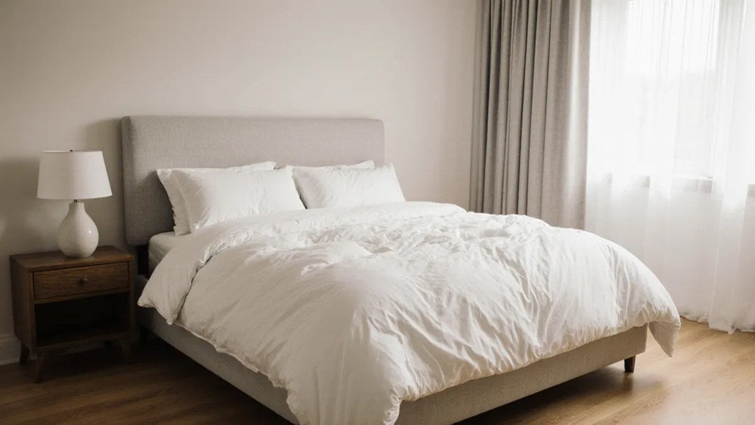 Oversized king bed made up with white bedding in a bright, spacious bedroom, illustrating how much floor space a large bed size needs
