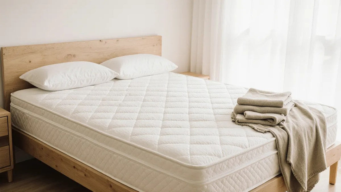 A neatly made bed with a quilted hybrid mattress and medium-loft pillows in a bright bedroom, illustrating mattress firmness choices for back sleepers