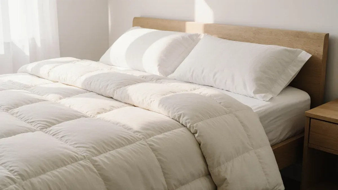 Thick ivory comforter draped over both sides of a neatly made queen bed in a bright bedroom