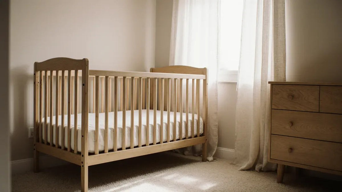 A bare, flat crib mattress in a light wood crib in a sunlit nursery, showing how a standard crib mattress fits inside the crib frame