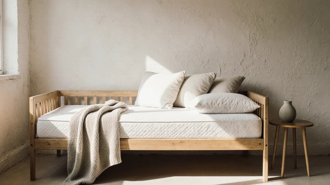 Wooden daybed with a low-profile twin mattress, layered linen bedding and pillows along the back rail in a sunlit room