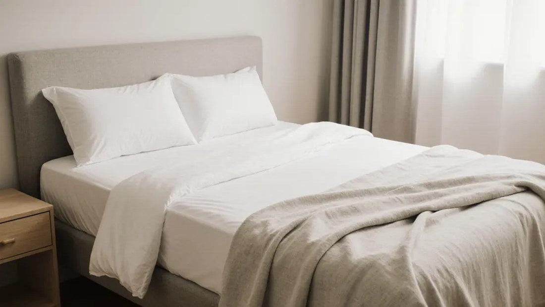 A crisp white fitted sheet stretched over a thick mattress on a neatly made bed in a bright bedroom
