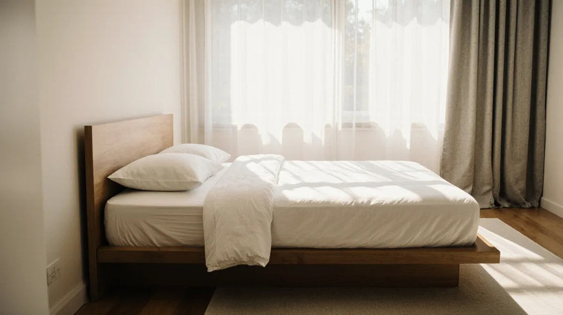 Sunlit bedroom with a firm, flat mattress and a single low-profile pillow, the setup most stomach sleepers need