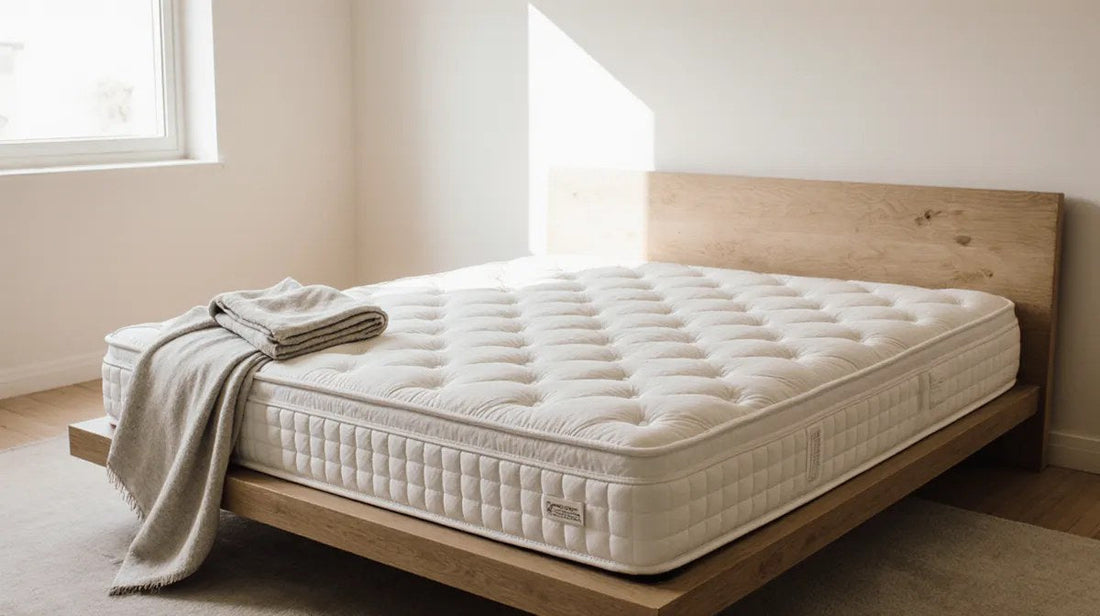 A bare two-sided firm mattress on a low oak platform bed in a sunlit bedroom