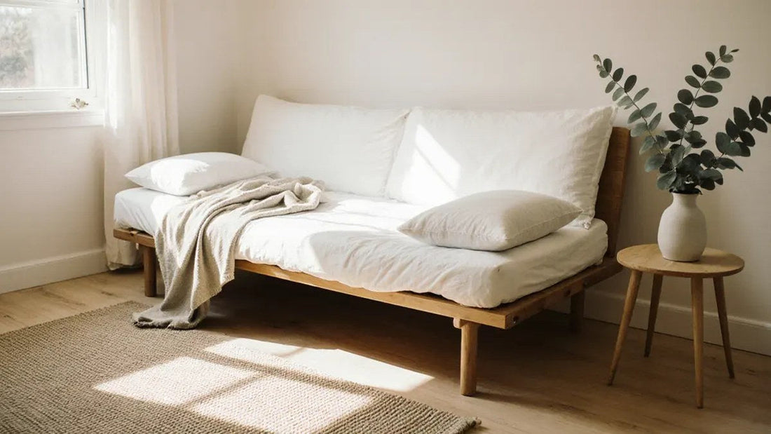 A futon mattress on a low wooden frame, folded flat and made up as a bed in a sunlit guest room