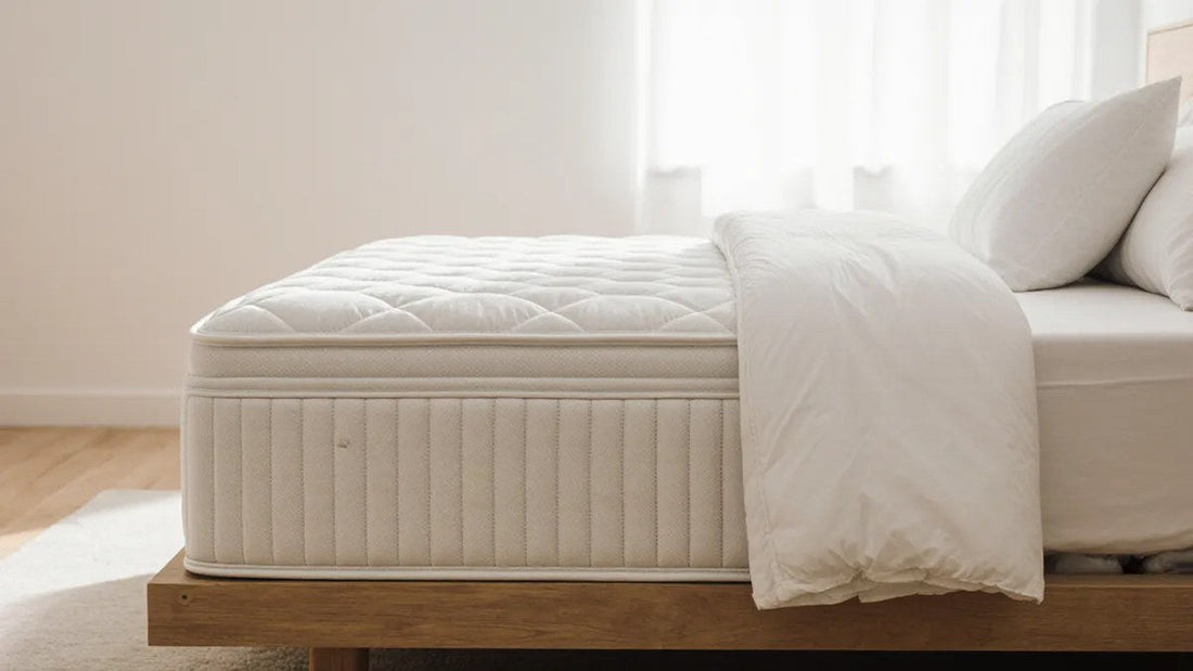 Thick quilted hybrid mattress on a low wooden platform bed, showing the side panel and profile that determine how much a mattress weighs