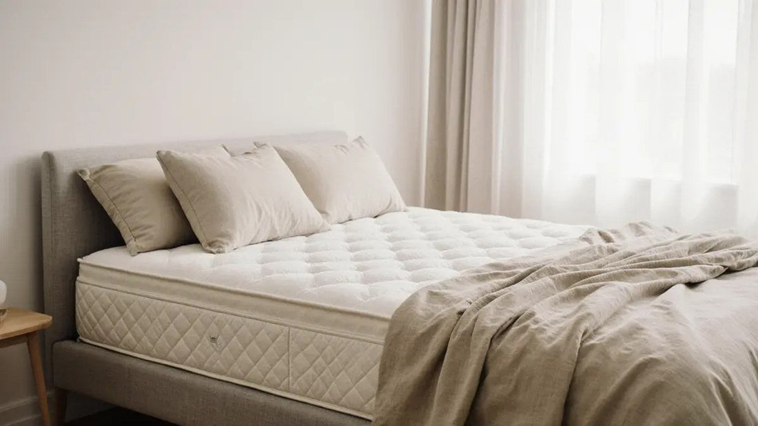 A plush white mattress topper layered on a quilted mattress in a bright bedroom, one way to make a firm mattress softer