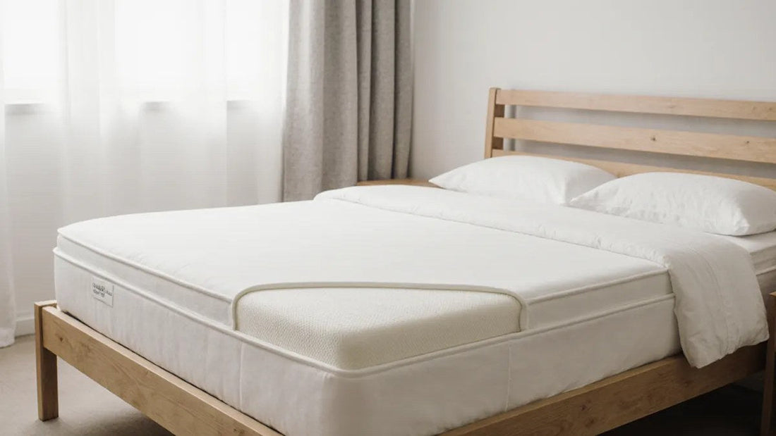 A neatly made bed with a firm mattress topper layered over the mattress on a slatted wood bed frame in a bright bedroom