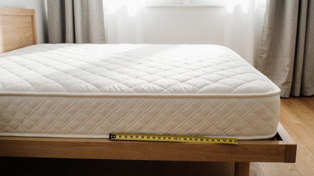 A bare quilted mattress on a wooden bed frame with a tape measure extended along the side to check its depth