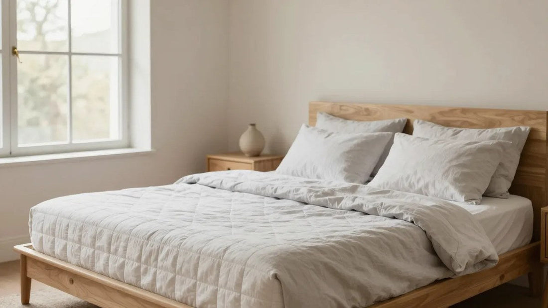 Neatly made bed with a thick quilted mattress and light linen bedding in a sunlit bedroom, illustrating mattress firmness levels