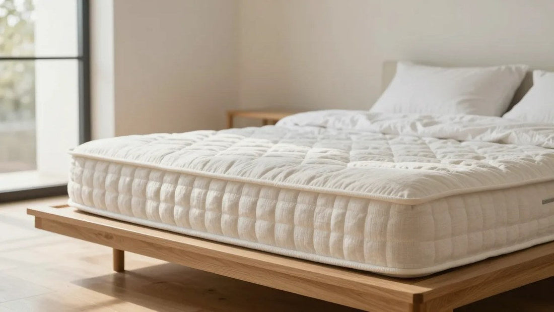 Side view of a thick quilted mattress on a light wood platform bed, showing the mattress edge profile and layer depth