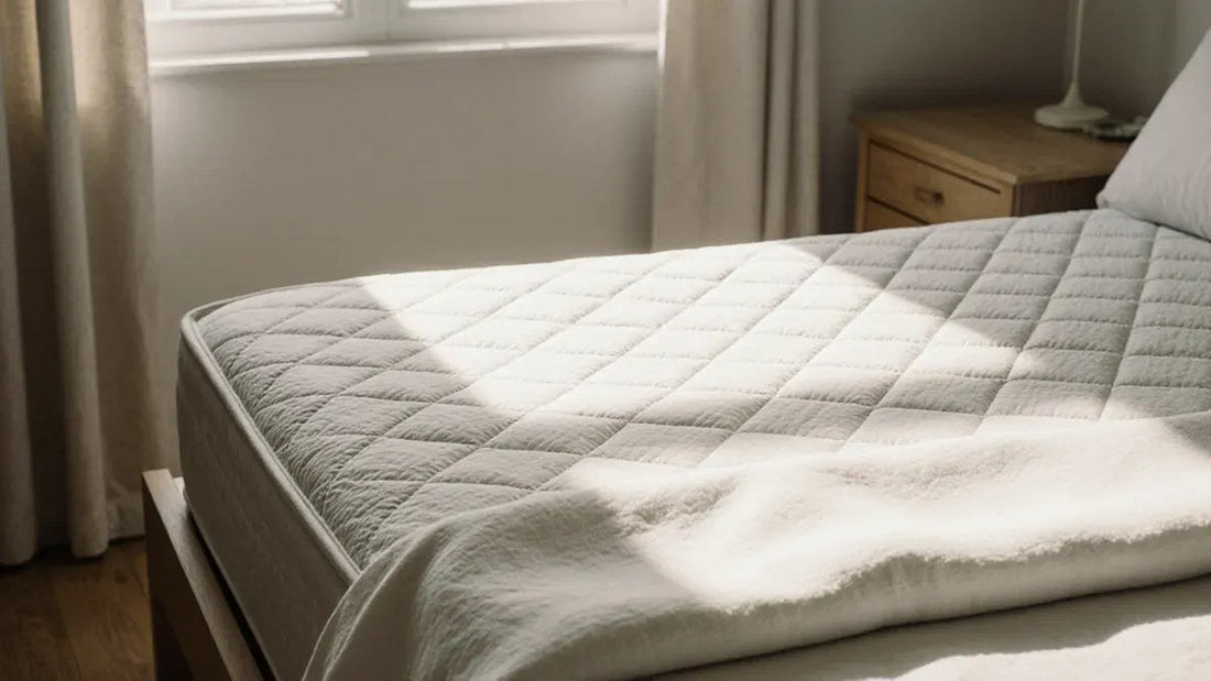 A quilted mattress topper layered over a mattress on a bed in a sunlit neutral bedroom