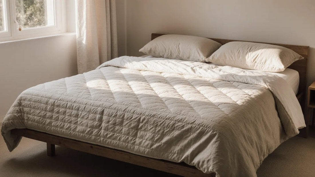 A plush pillow-top mattress with thick quilted cushioning and soft linen bedding in a sunlit bedroom