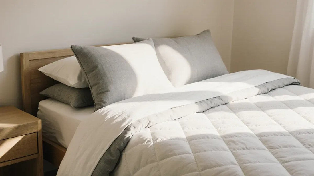 A neatly made bed with layered white and grey bedding in a sunlit bedroom, showing the quilted mattress edge