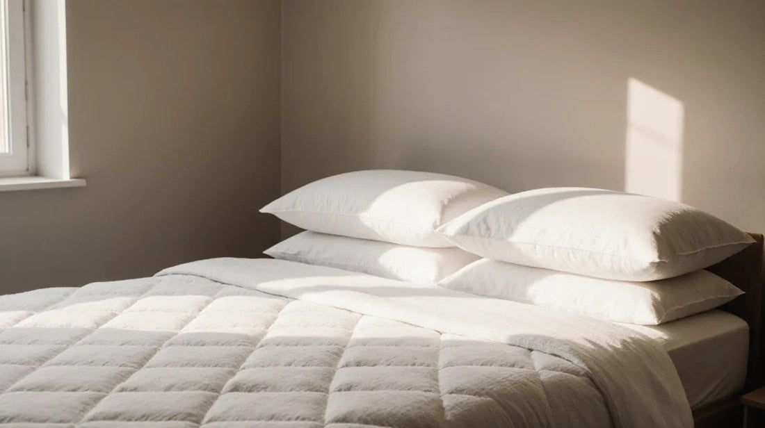 A neatly made bed with a quilted mattress top and two lofted white pillows in soft morning light, illustrating mattress firmness and pillow height for side sleepers