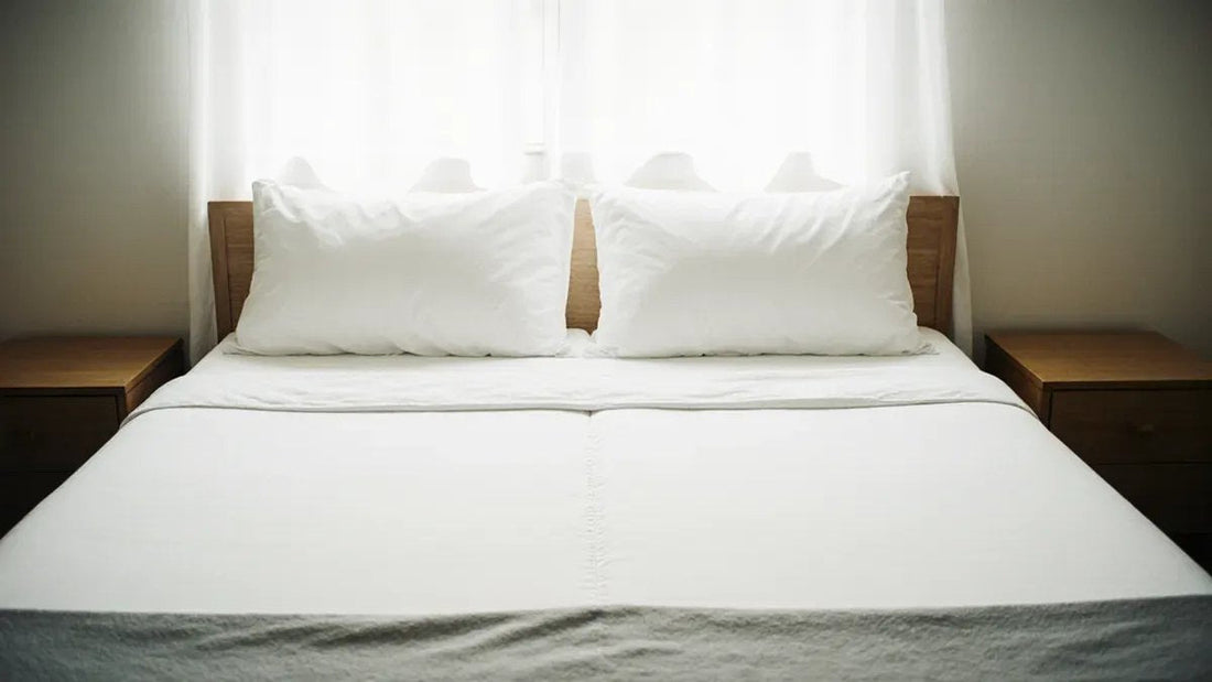 A split king bed made up with two separate twin XL fitted sheets, showing the seam down the center between the two mattress halves