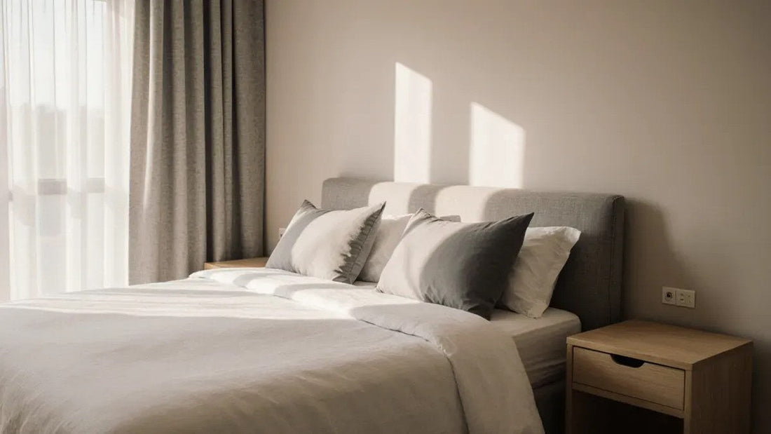 A neatly made queen bed with white linen bedding in a softly lit bedroom, illustrating a guide to split queen mattress sizes and fit.