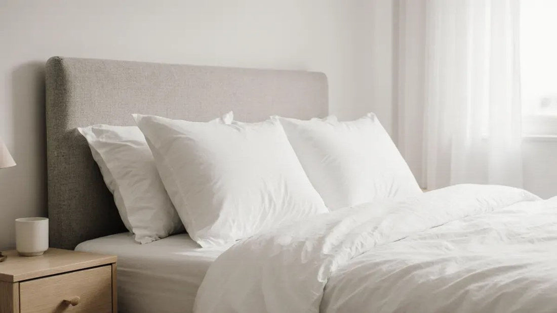 Three white pillows of different lengths arranged side by side on a neatly made bed, illustrating standard, queen and king pillow sizes