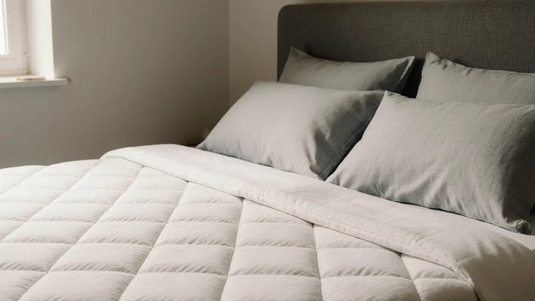 A neatly made bed with a smooth, flat tight top mattress surface and folded grey linen sheets in a sunlit bedroom