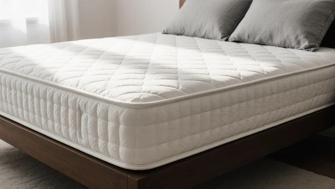 Close-up of a thick quilted hybrid mattress with a reinforced edge on a dark wood platform bed in a sunlit bedroom