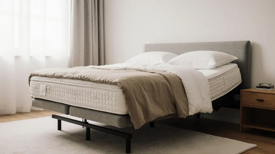 Mattress on an adjustable bed base with the head and foot sections raised in the zero gravity position